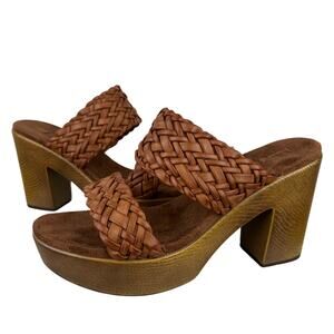 House of Harlow 1960 Cognac Braided Double Strap Platform Heels Sandals (Sz 9)
